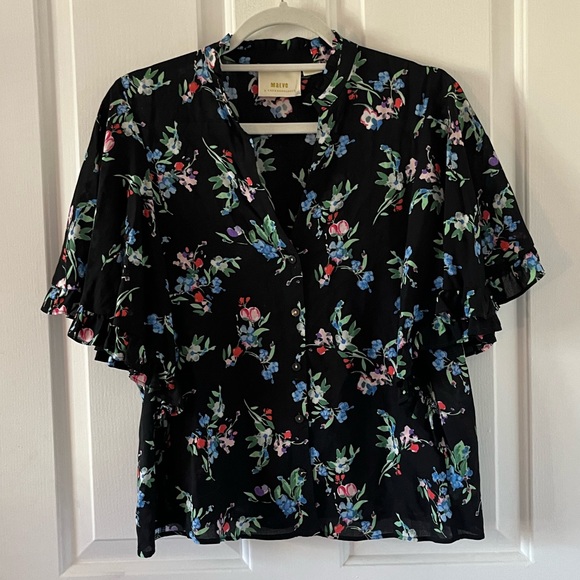 Anthropologie | Maeve Aveiro Flutter-Sleeved Button-down. Black with flowers. - Picture 5 of 13